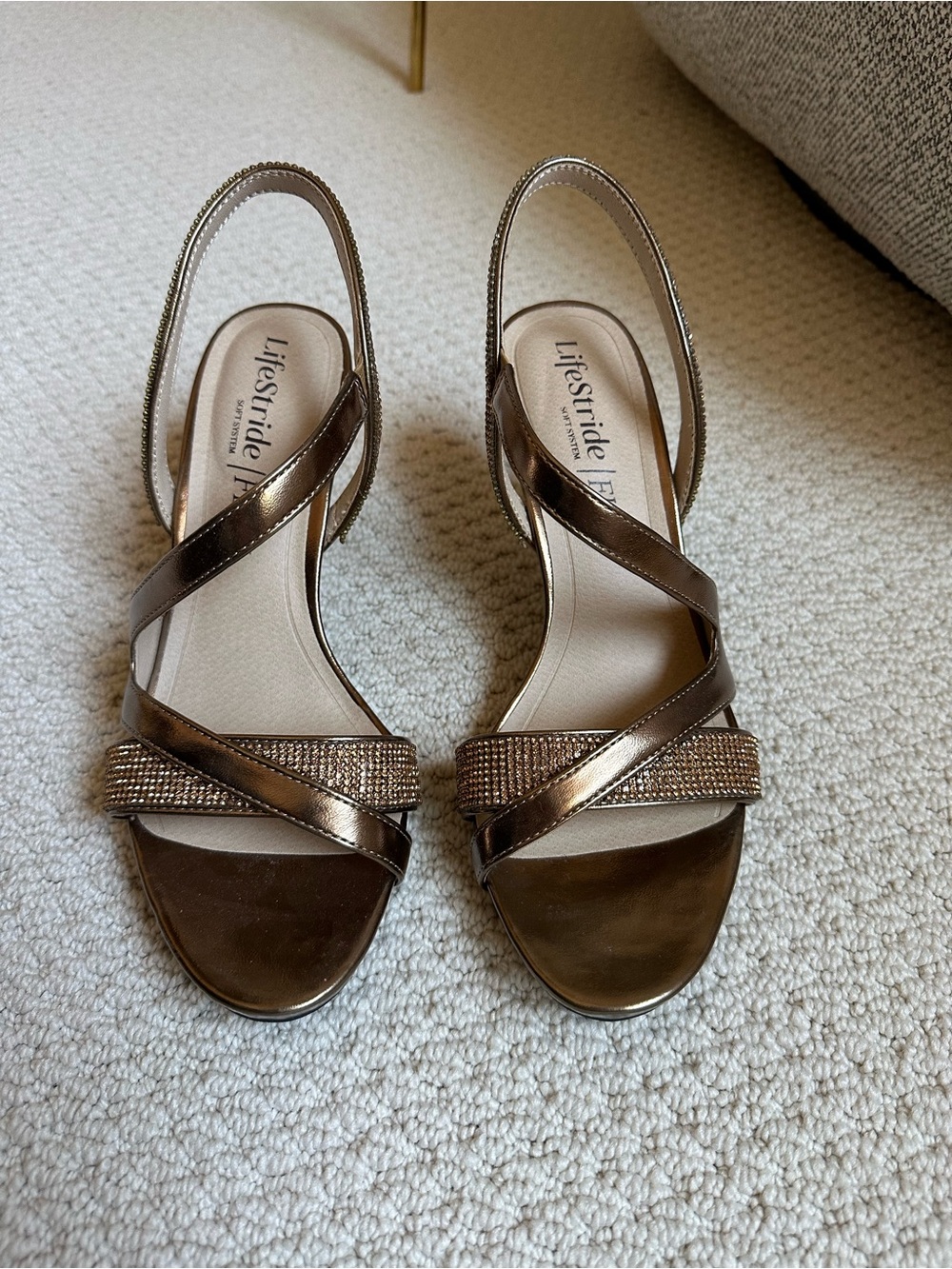 Life Stride Bronze Metallic Slingback Sandals with Rhinestone Strap -NEVER WORN!